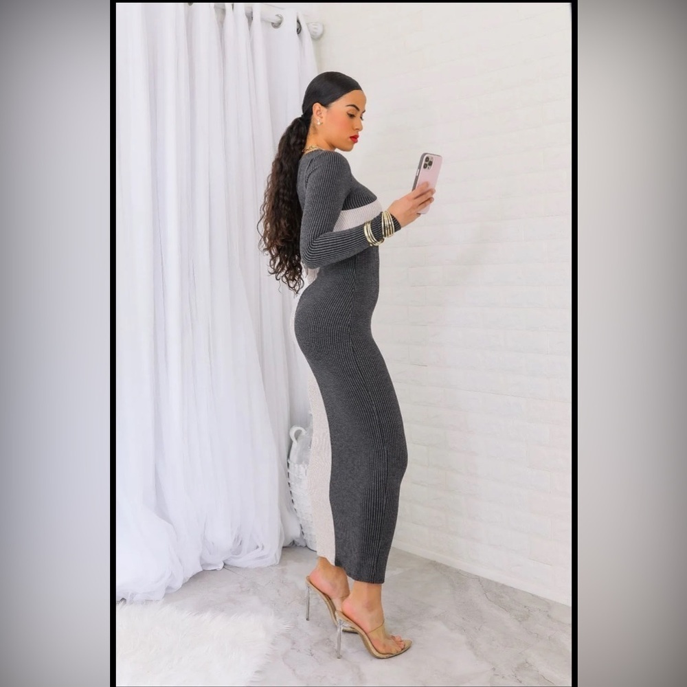 12. Color block Long Sleeve Bodycon Maxi Dress - Picture 8 of 9